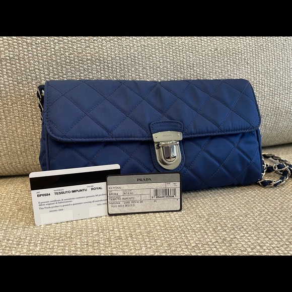 Prada Blue Tessuto Quilted Nylon Leather Chain Bag - Picture 2 of 10